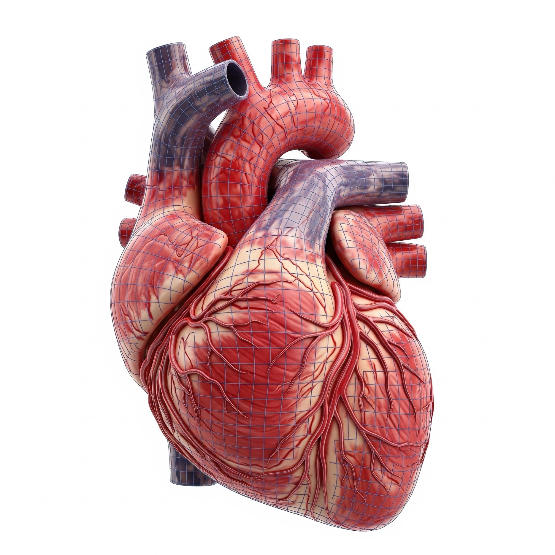 Ilustración anatómica 3D del corazón humano mostrando arterias coronarias